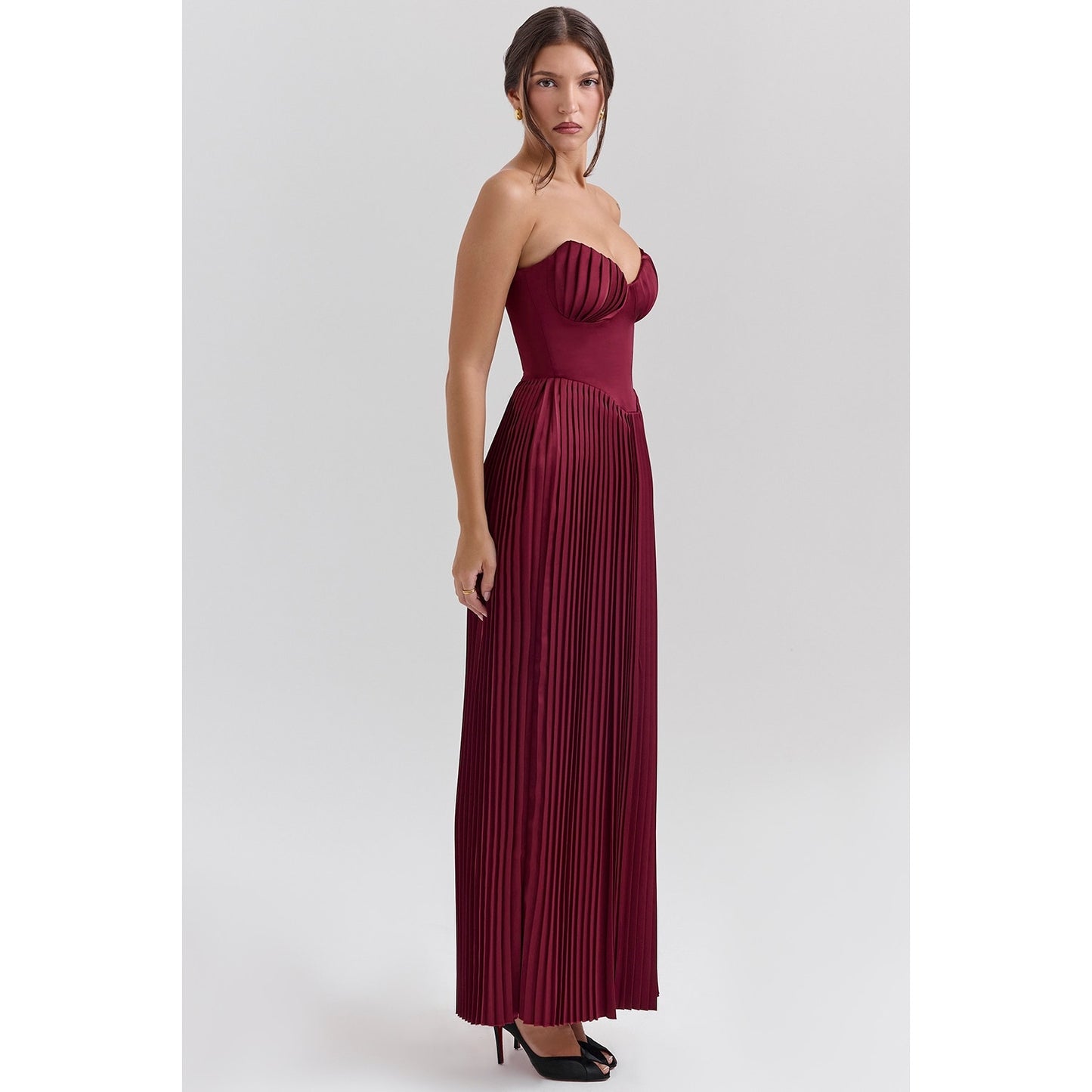Marcella berry pleated georgette maxi dress