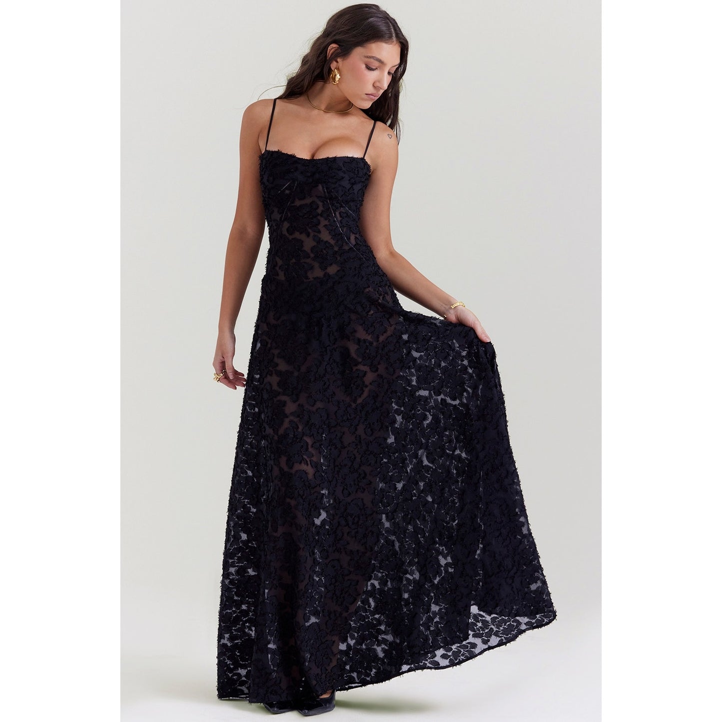 House of CB Seren black floral lace back maxi dress