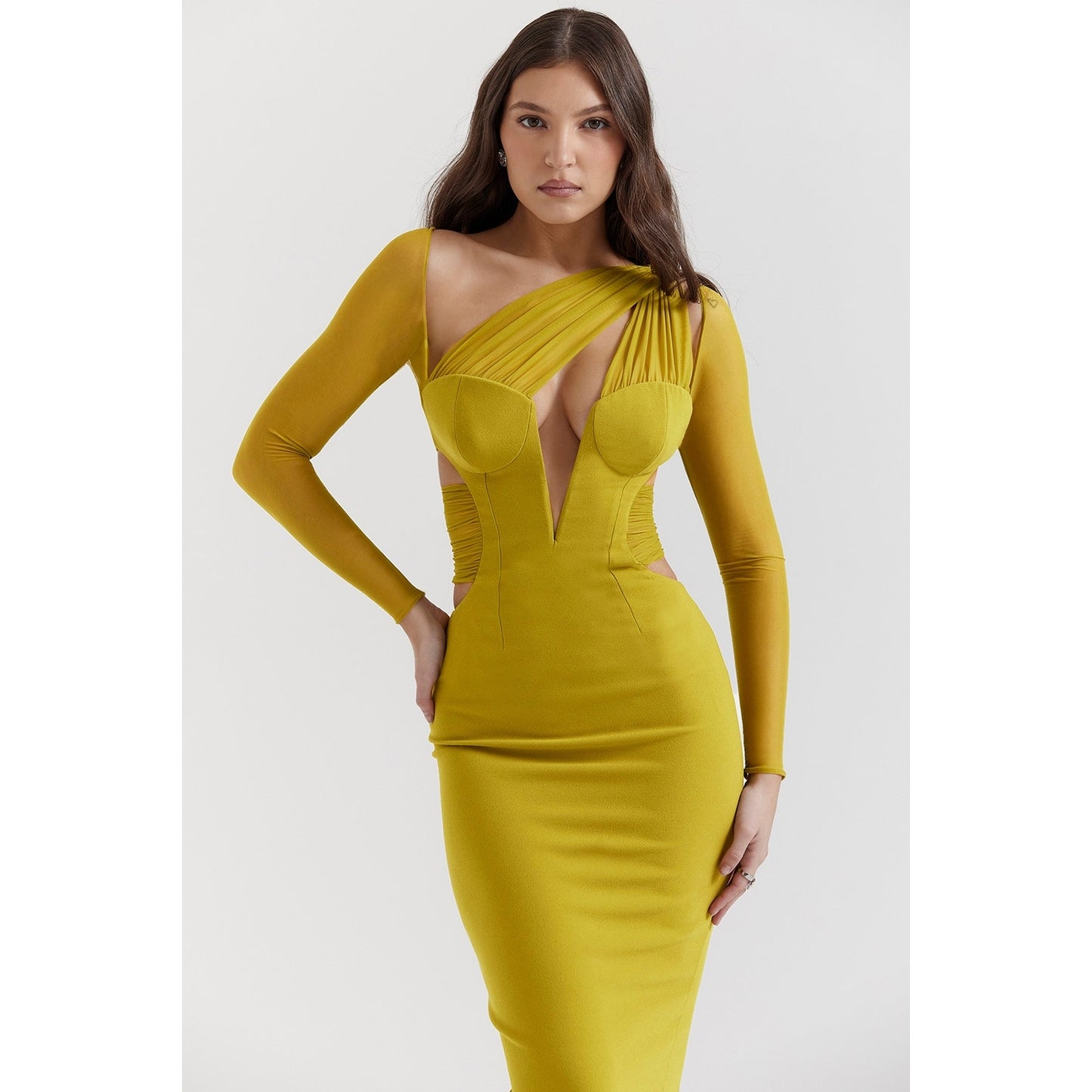 House of CB Zahra chartreuse plunge maxi dress