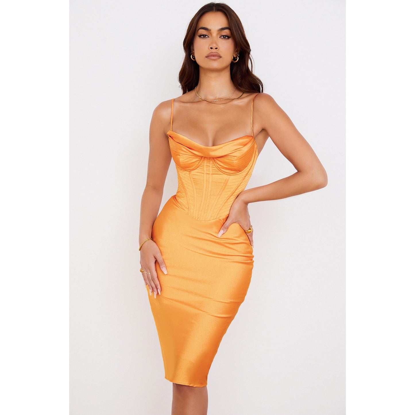 House of CB Myrna Tangerine Satin Corset Midi Dress