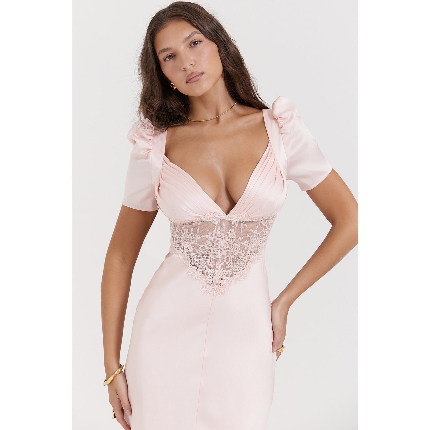 House of CB Rafaela soft peach pure silk & lace dress
