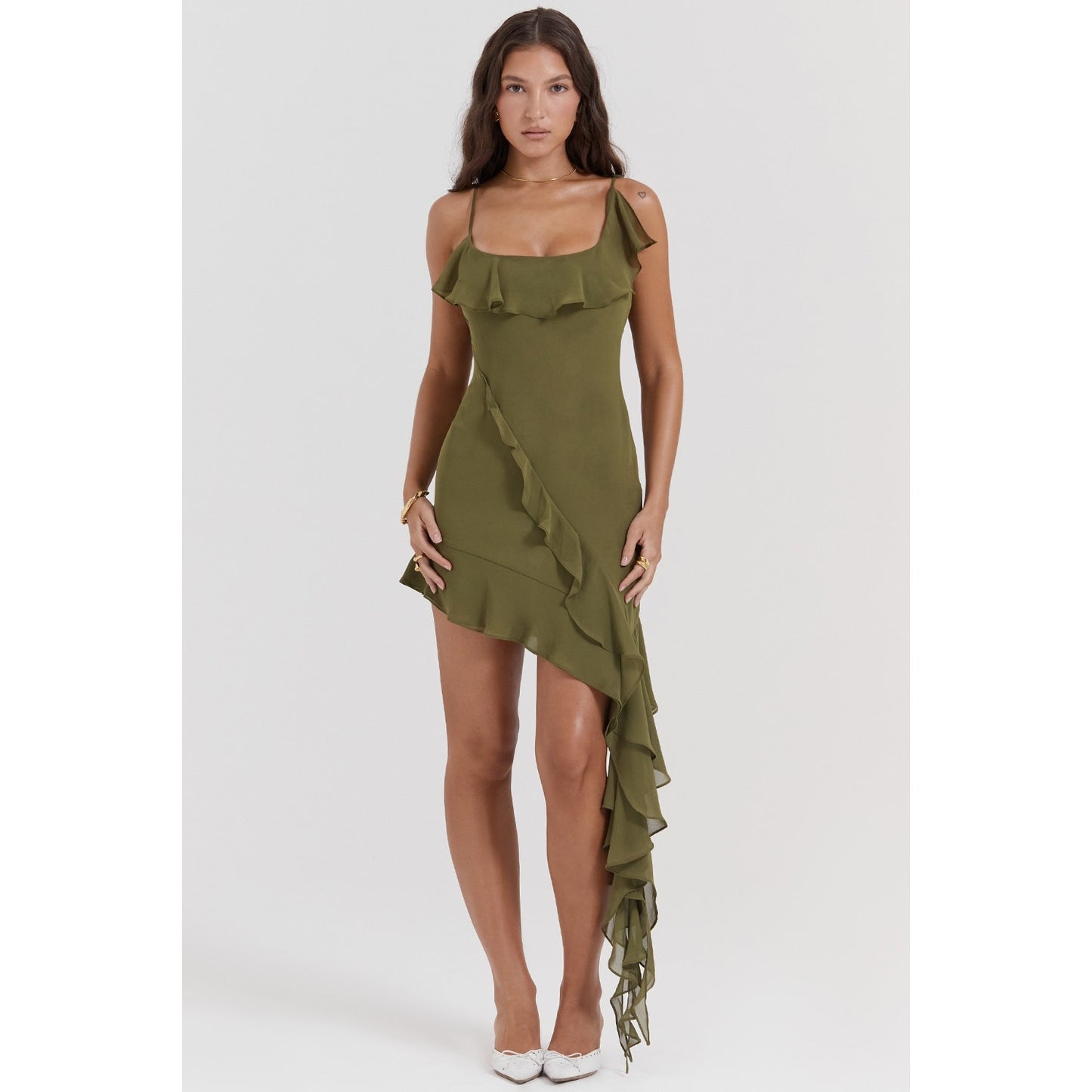 House of CB Marcia olive ruffle mini dress