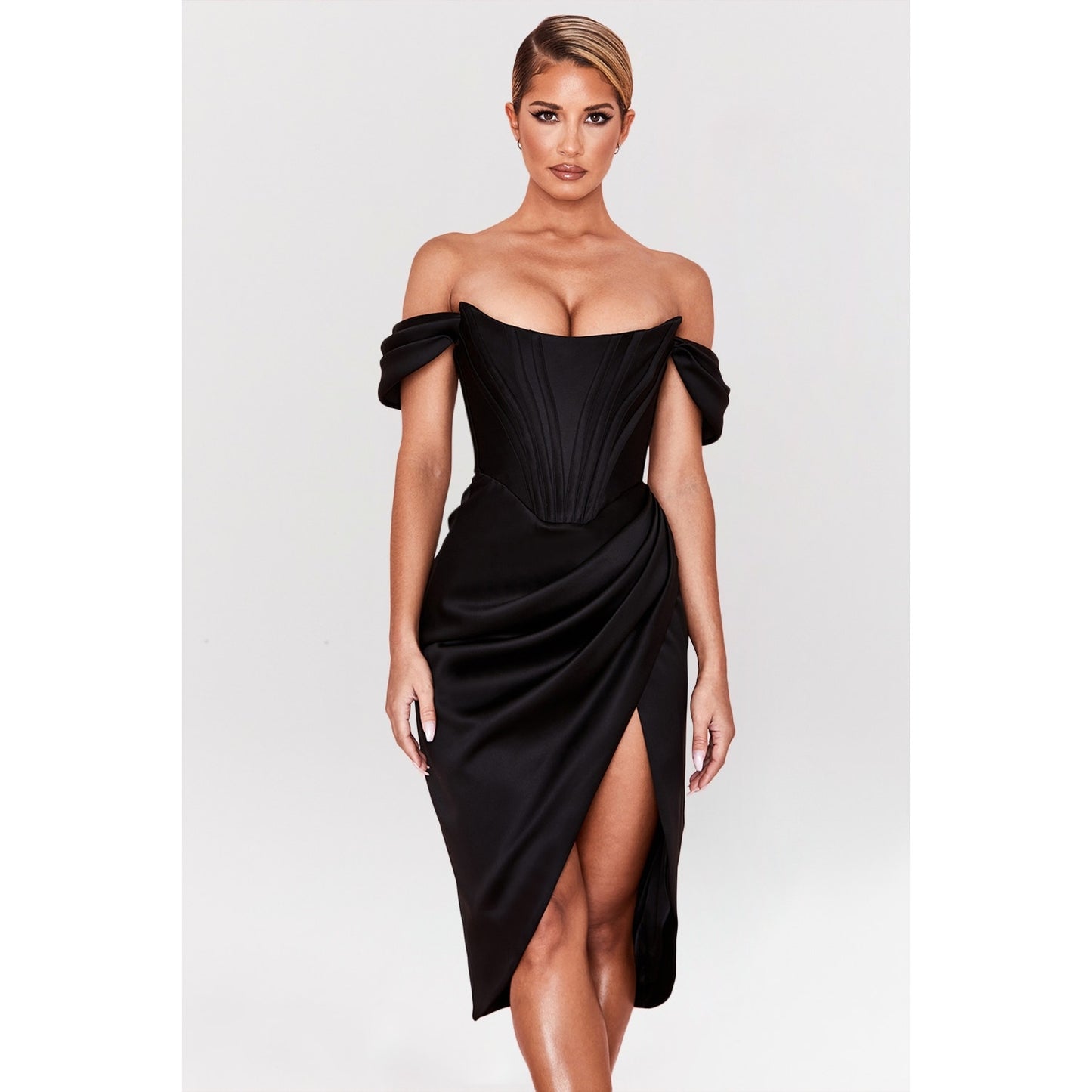 House of CB Loretta black satin off shoulder dress