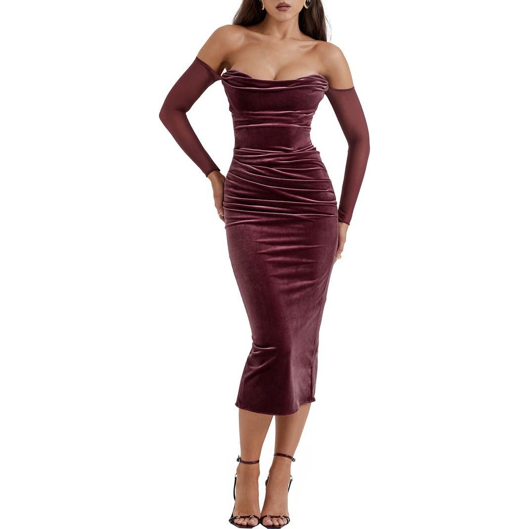 House of CB Cleora Off the Shoulder Long Sleeve Stretch Velvet Maxi Dress