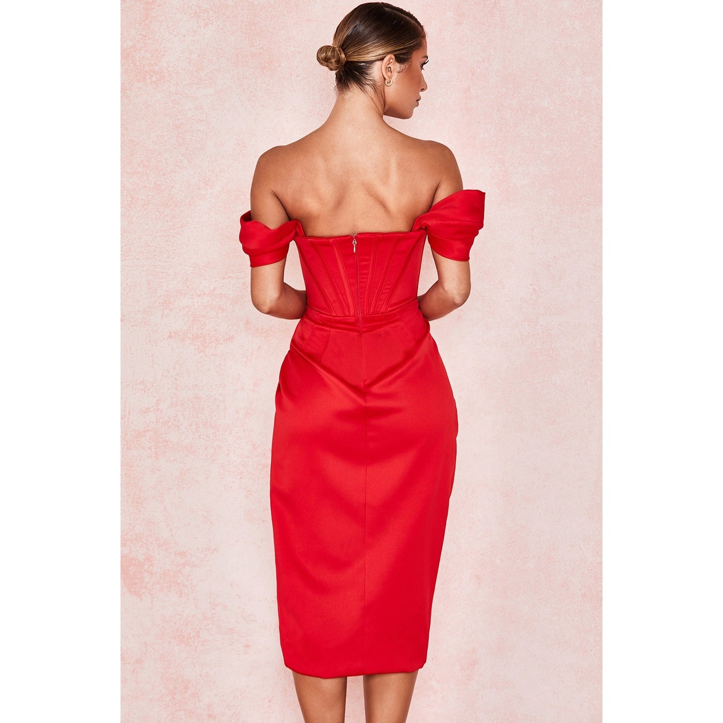 House of CB Loretta Red Satin Off Shoulder Dress