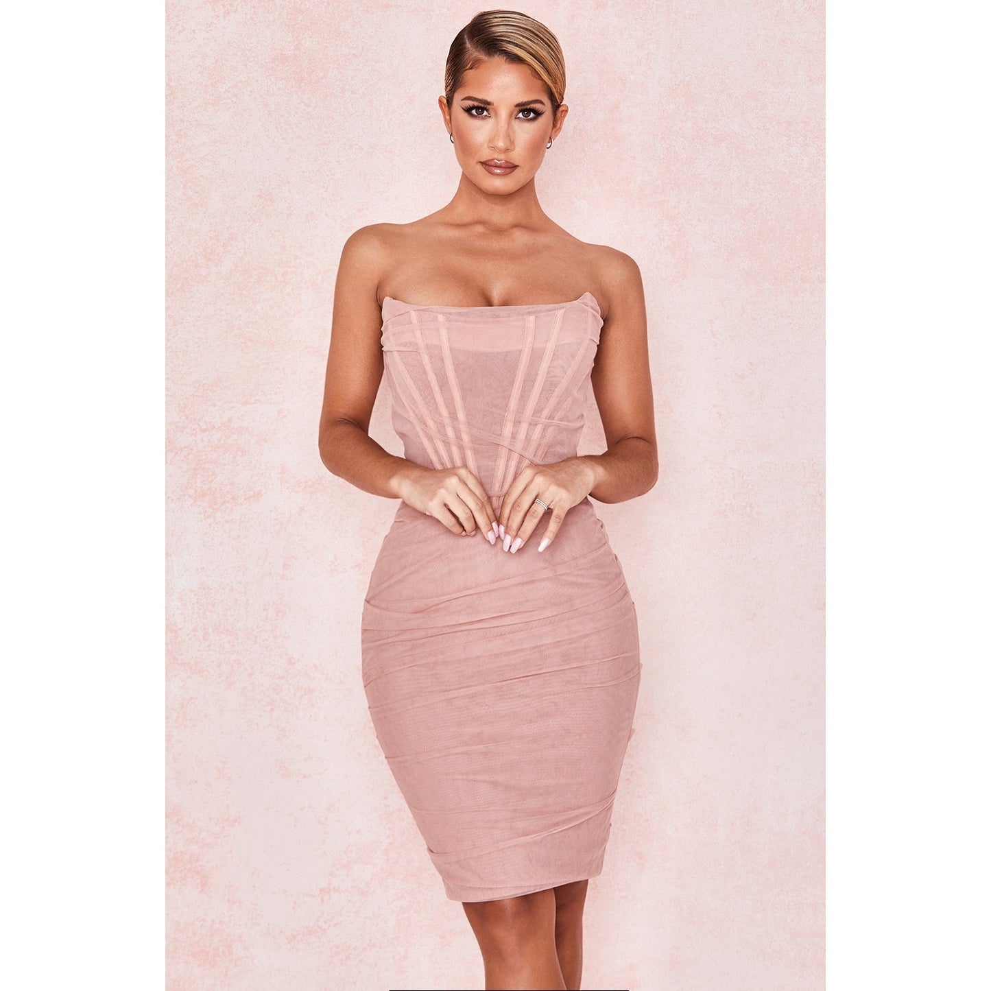 House of CB Leila blush mesh strapless corset dress