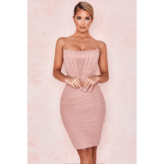House of CB Leila blush mesh strapless corset dress