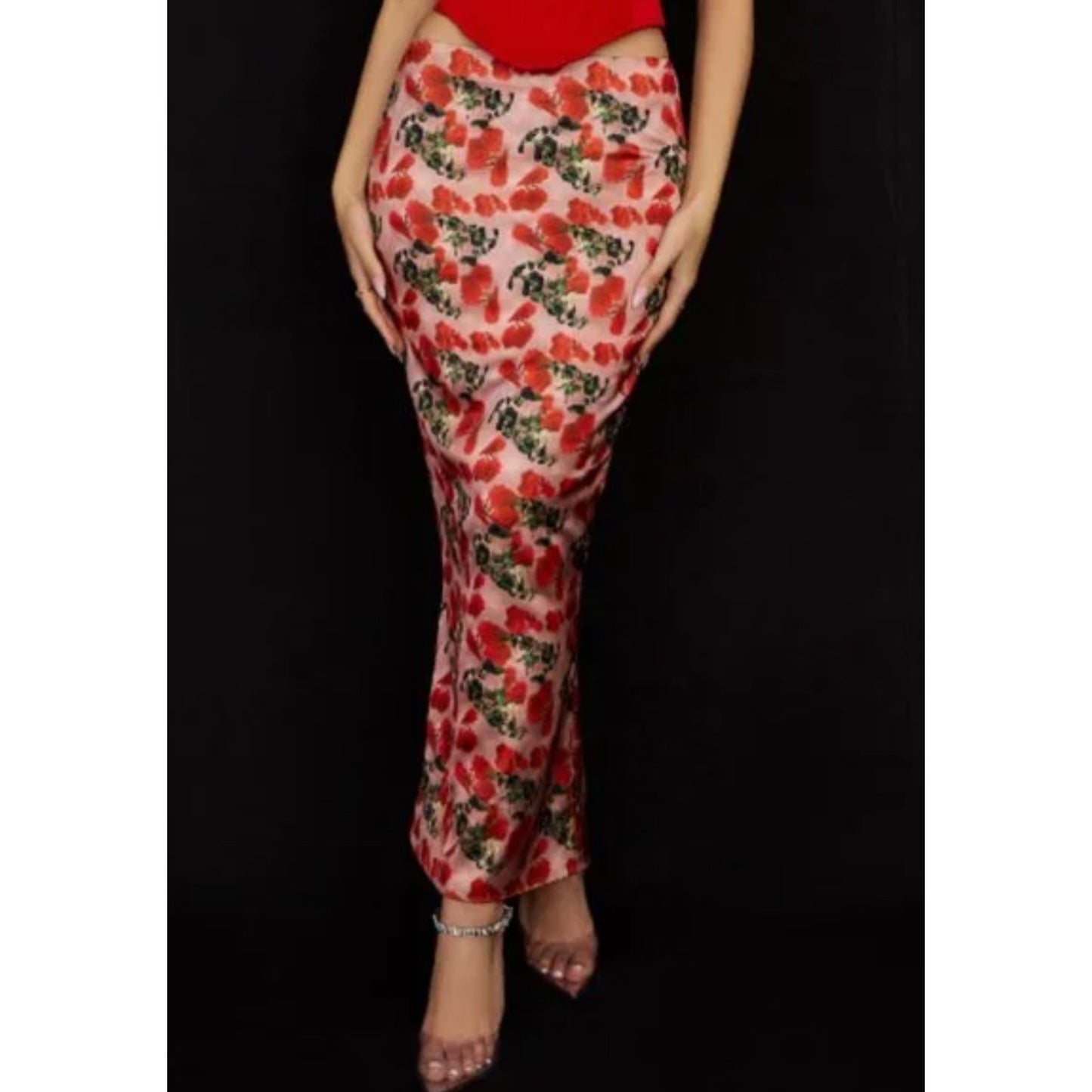 Luisette Rose Print Satin Midi Skirt