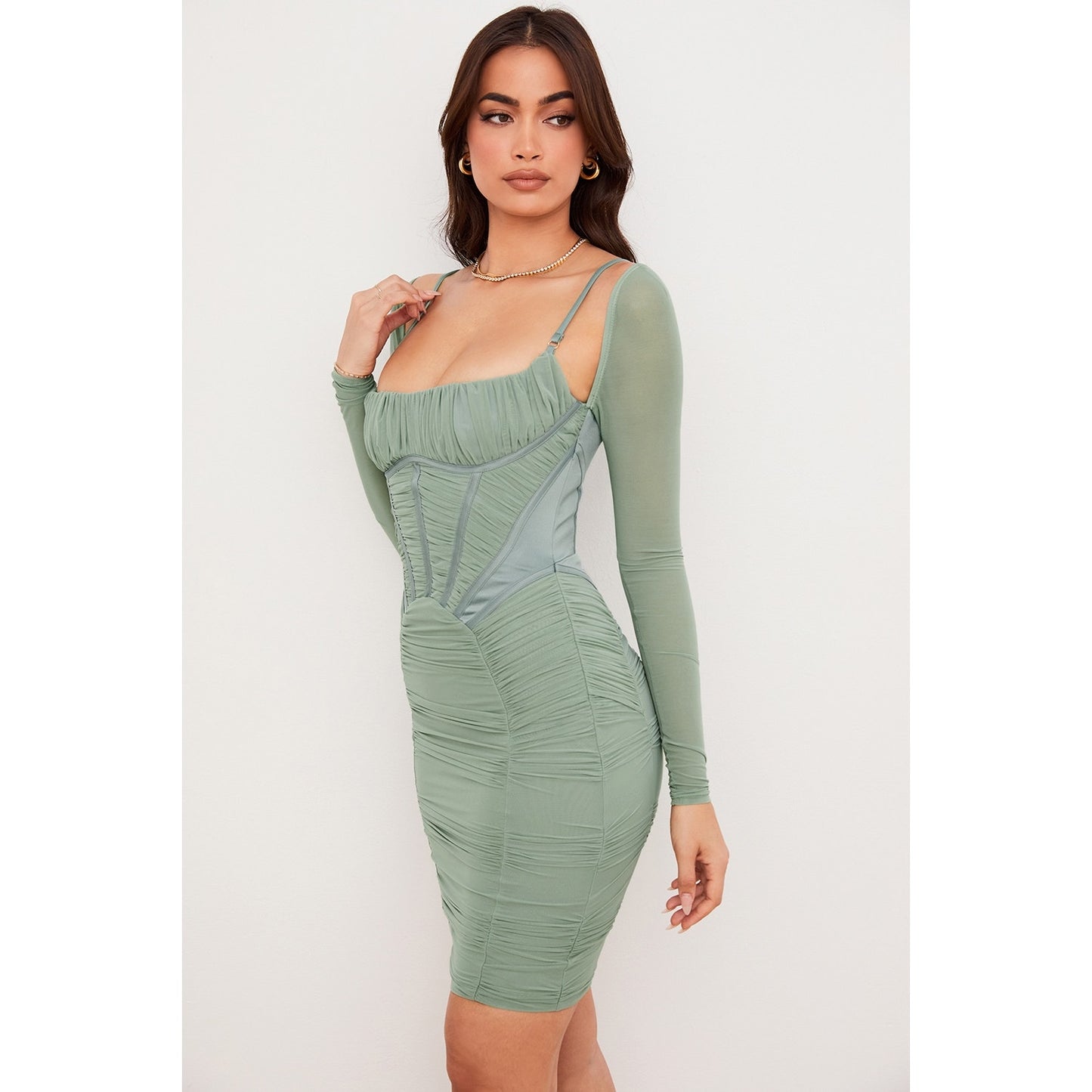 House of CB Freyja green gathered corset dress