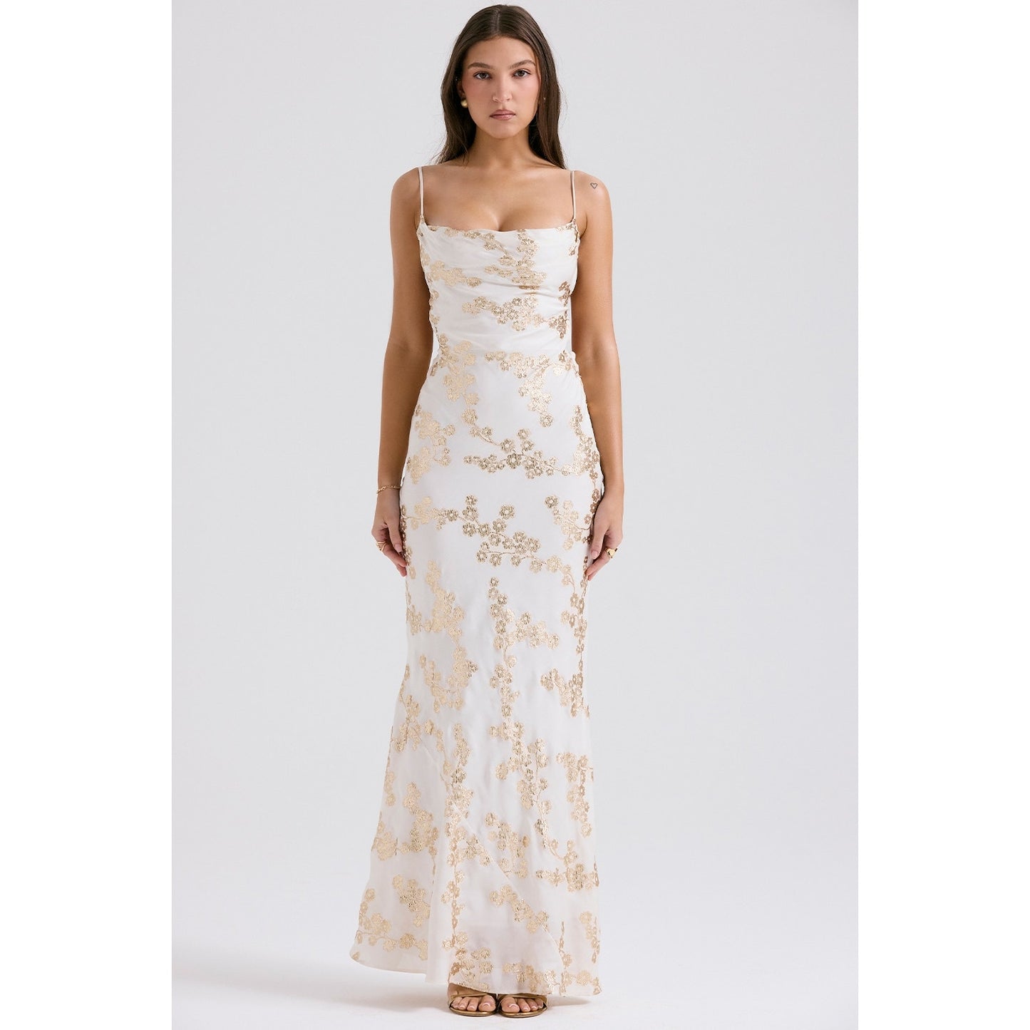 House of CB Capriana white & gold jacquard satin gown