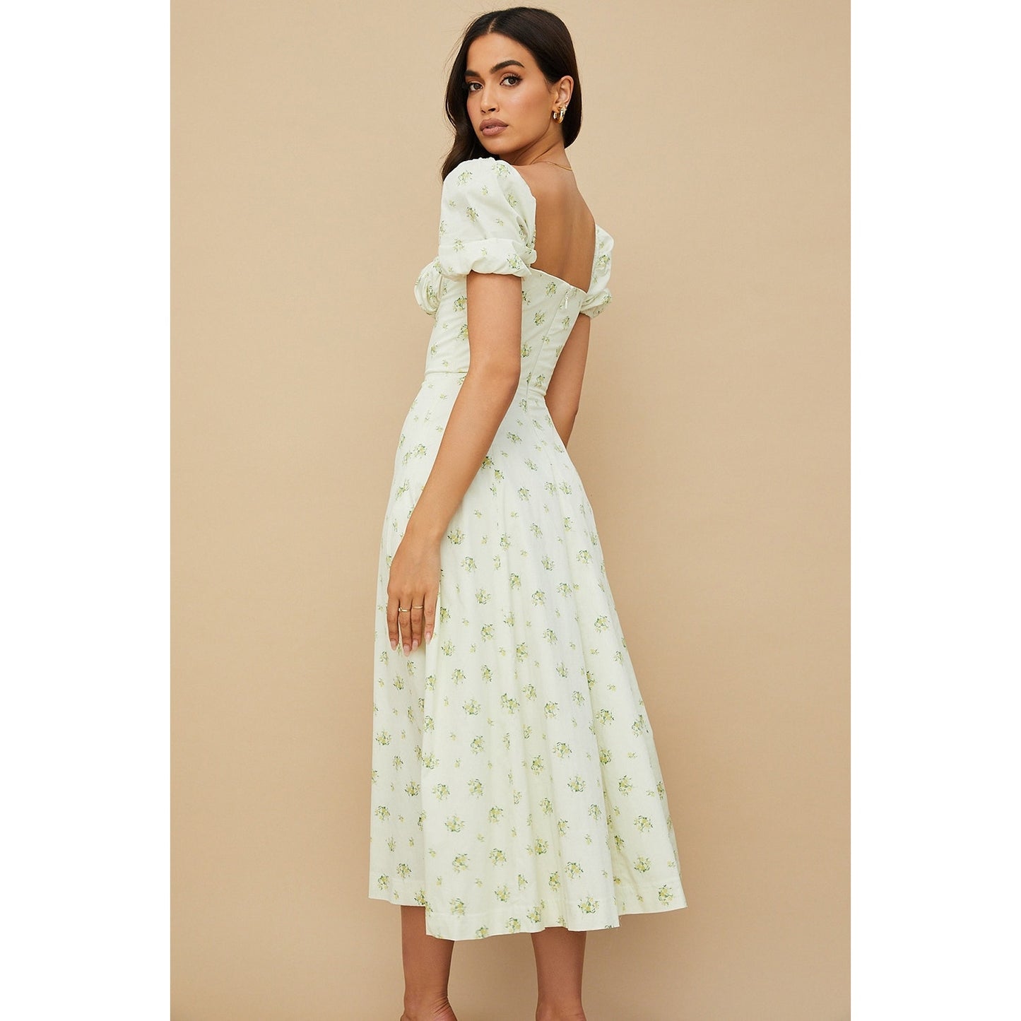 House of CB Tallulah Ivory Floral Puff Sleeve Midi Dress
