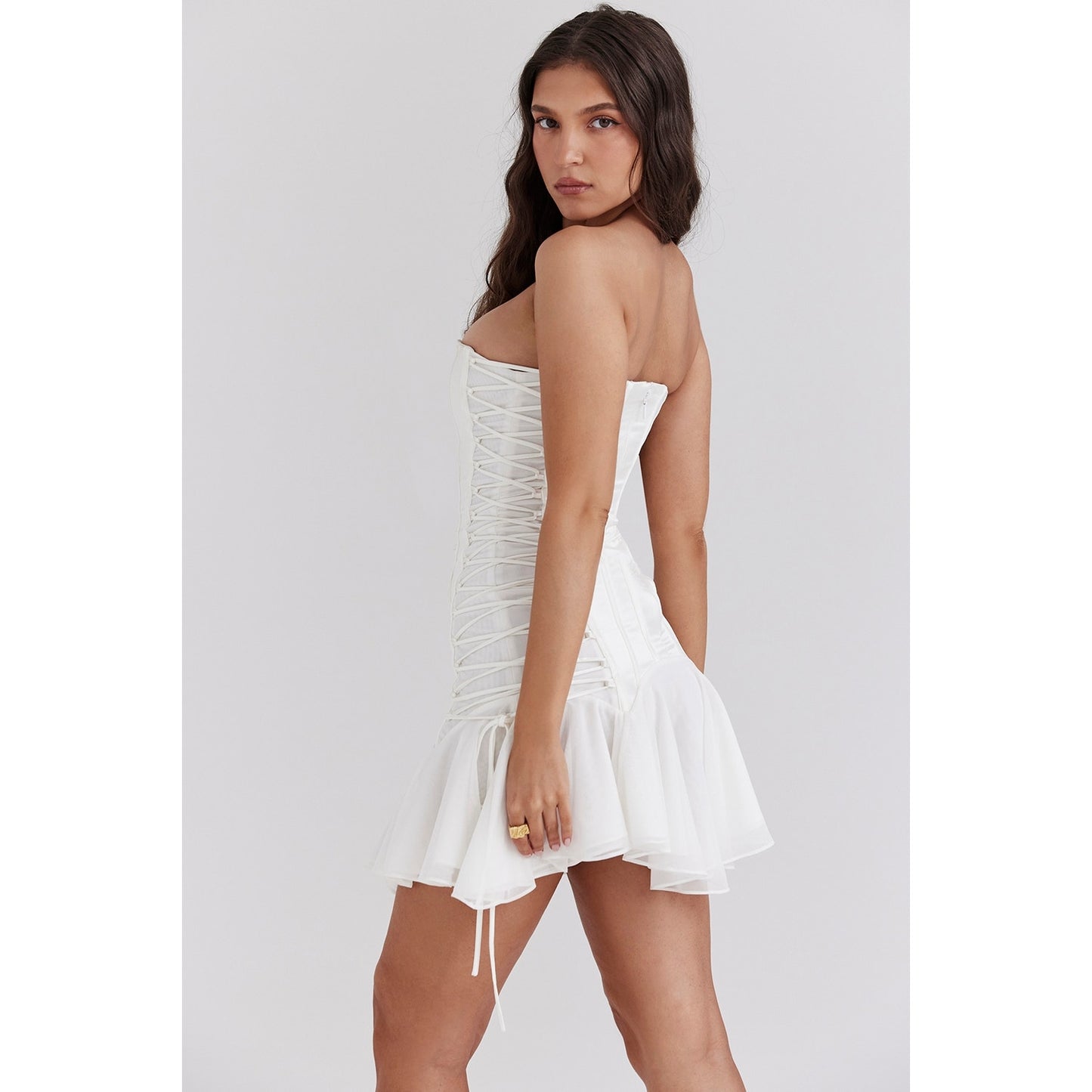 House of CB Sirena white strapless lace up mini dress