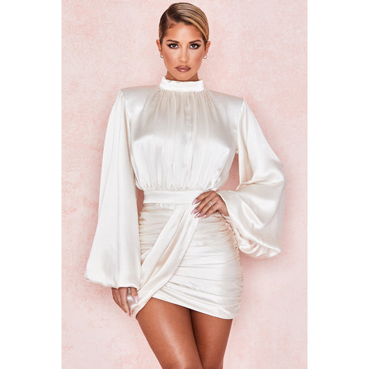 House of CB Khristen Ivory Satin Blouson Dress