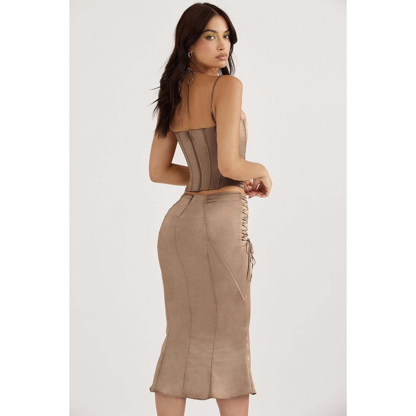 House of CB Sidonie latte satin lace up midi skirt