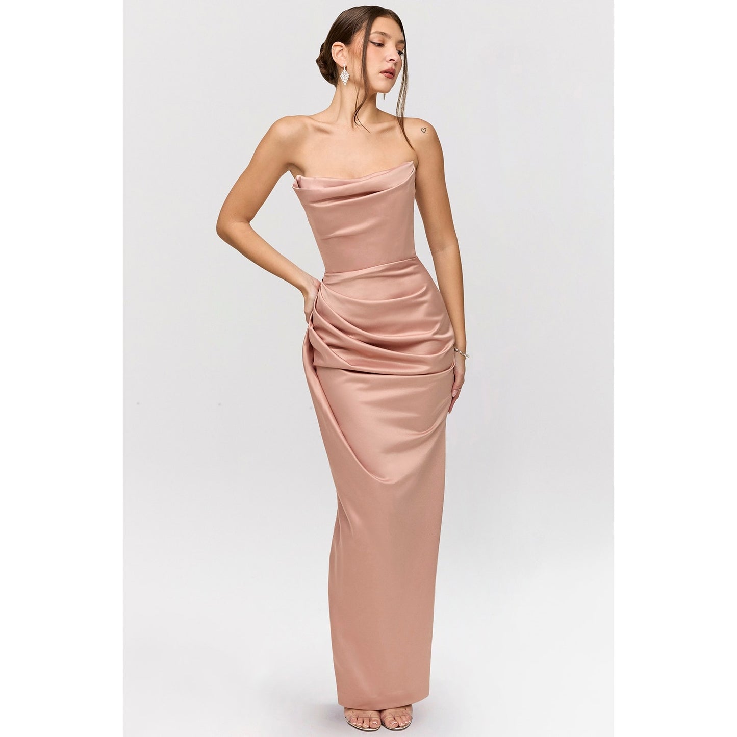 House of CB Adrienne blush satin strapless gown