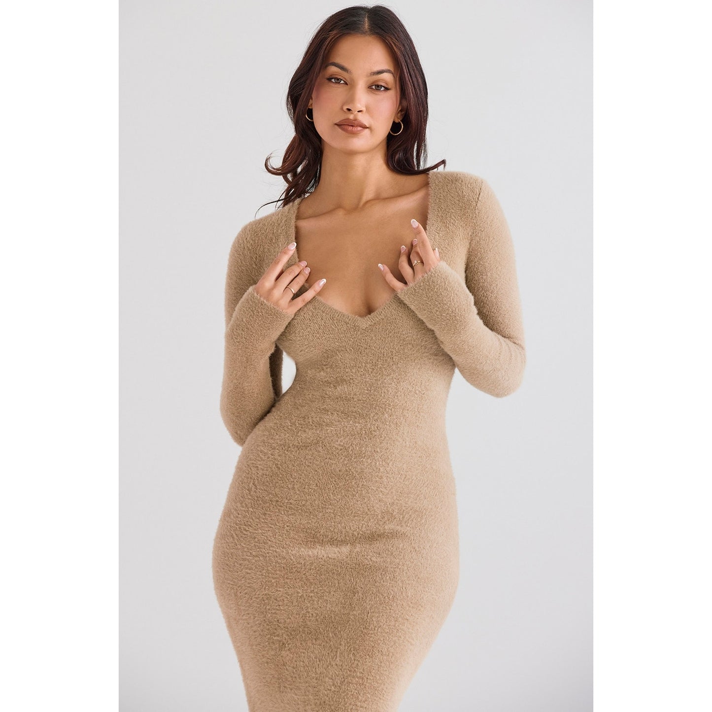 House of CB Lucille camel fuzzy maxi dress