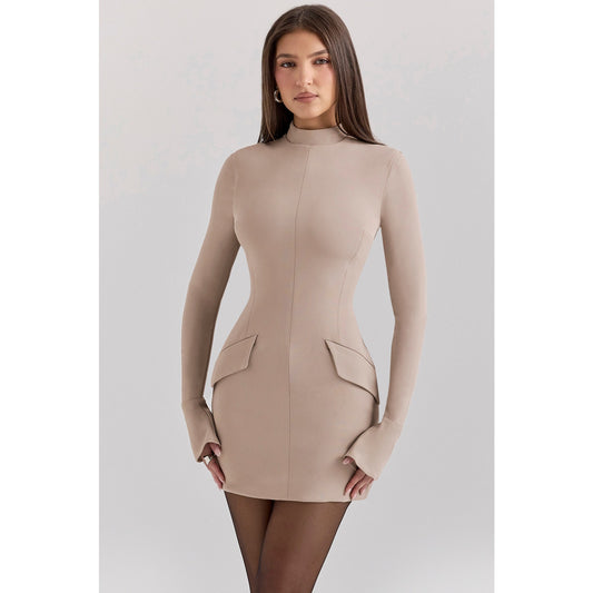 House of CB Mahalia taupe long sleeve mini dress