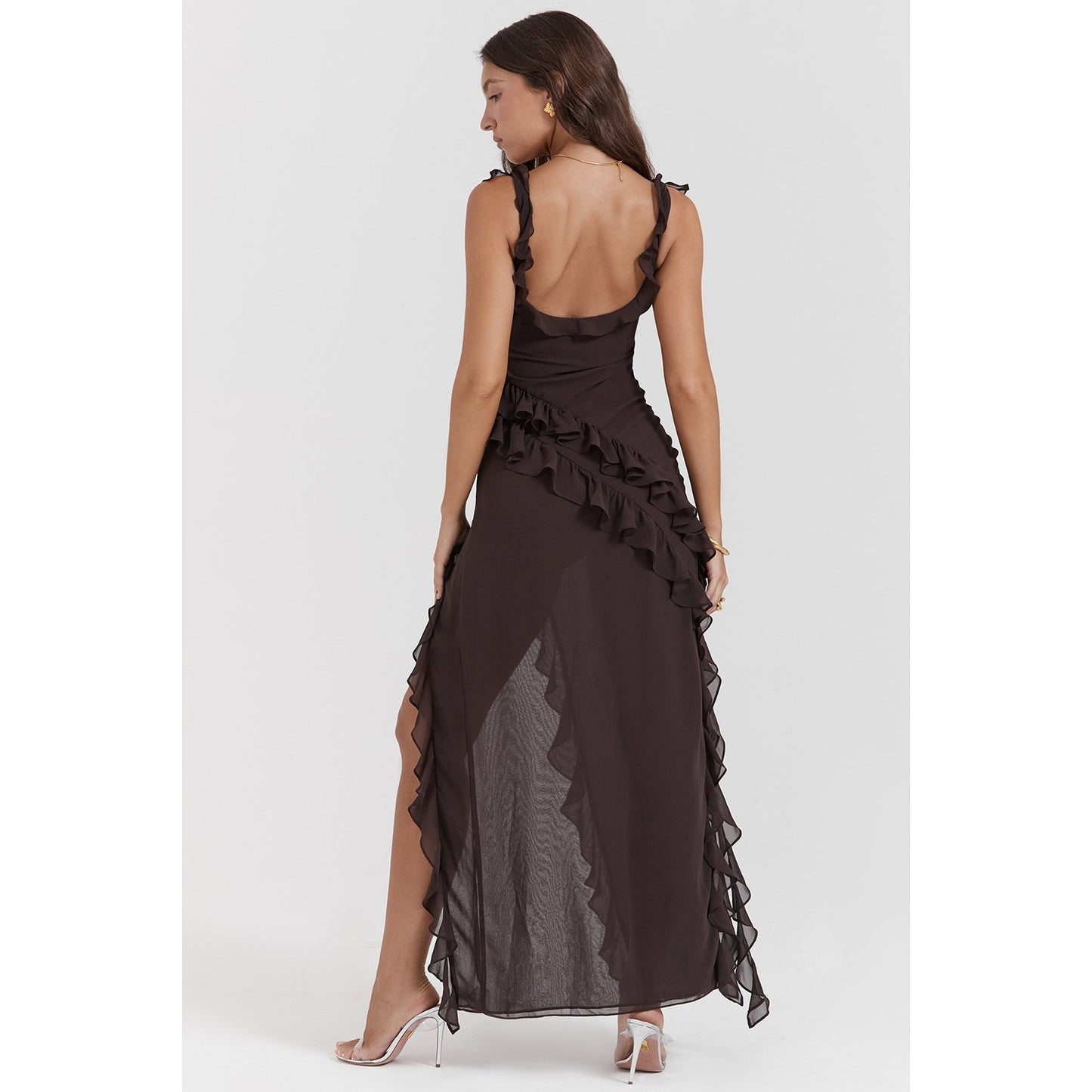 House of CB Ariela espresso ruffle maxi dress