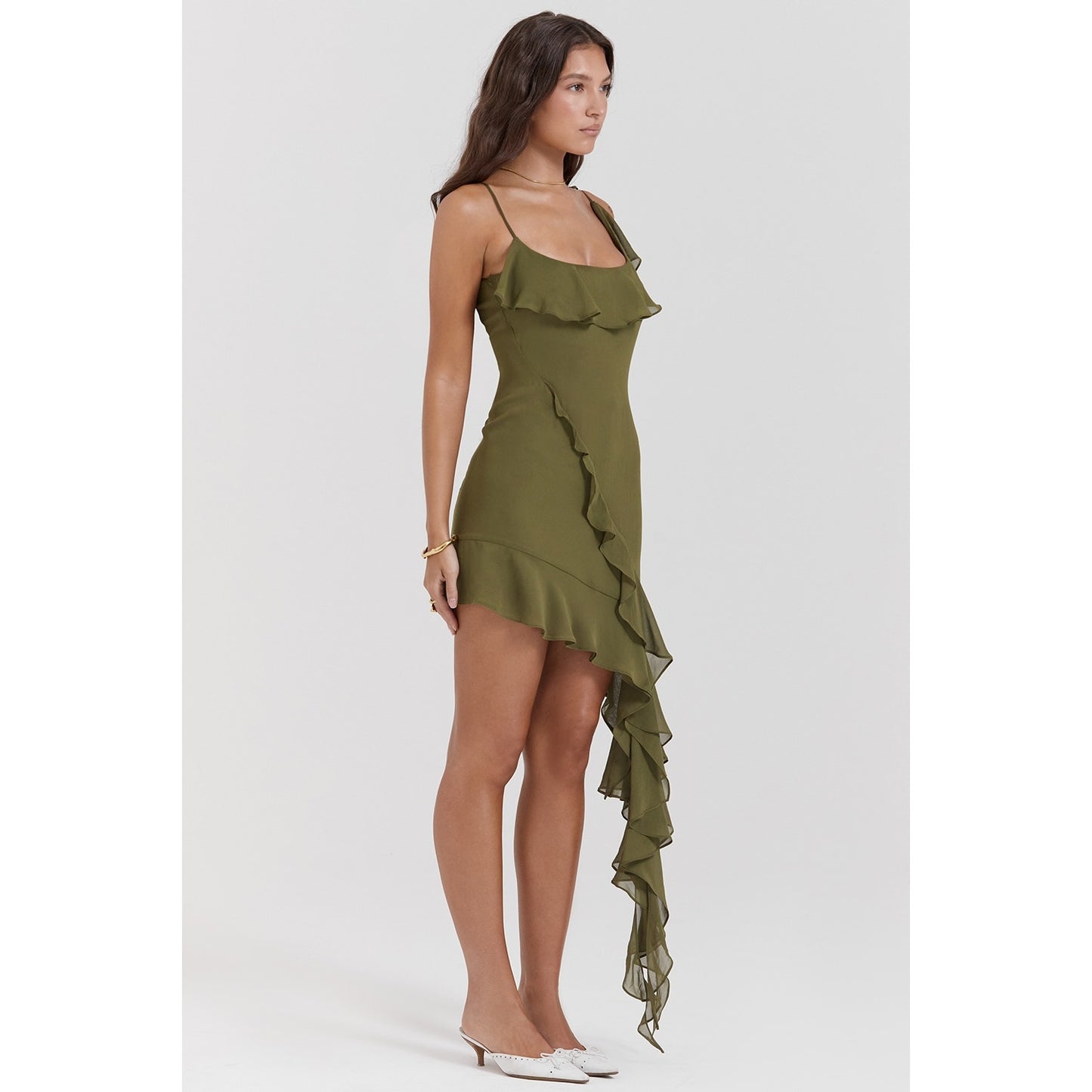 House of CB Marcia olive ruffle mini dress