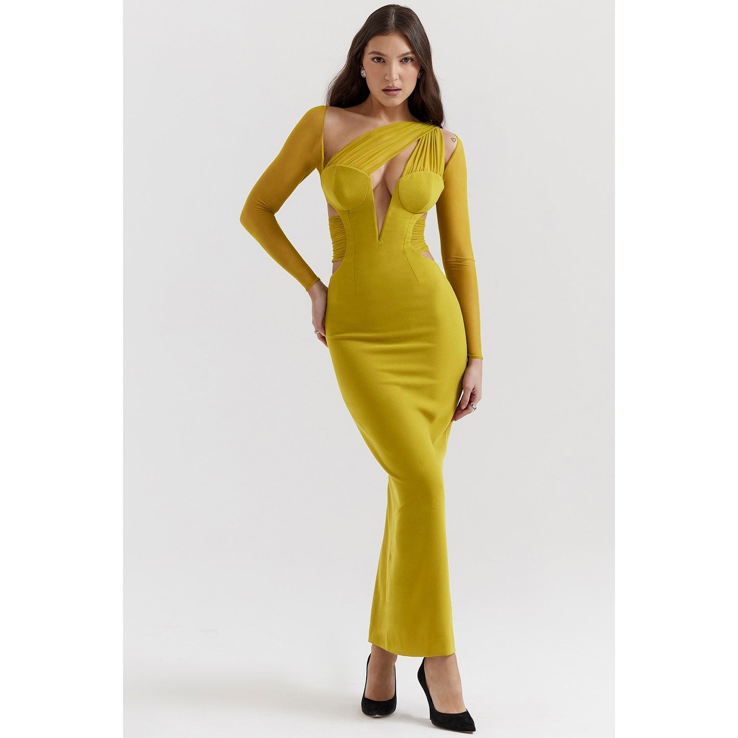 House of CB Zahra chartreuse plunge maxi dress