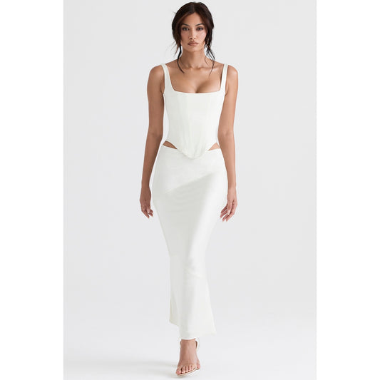 House of CB Colette Ivory Satin Bias Midi Skirt