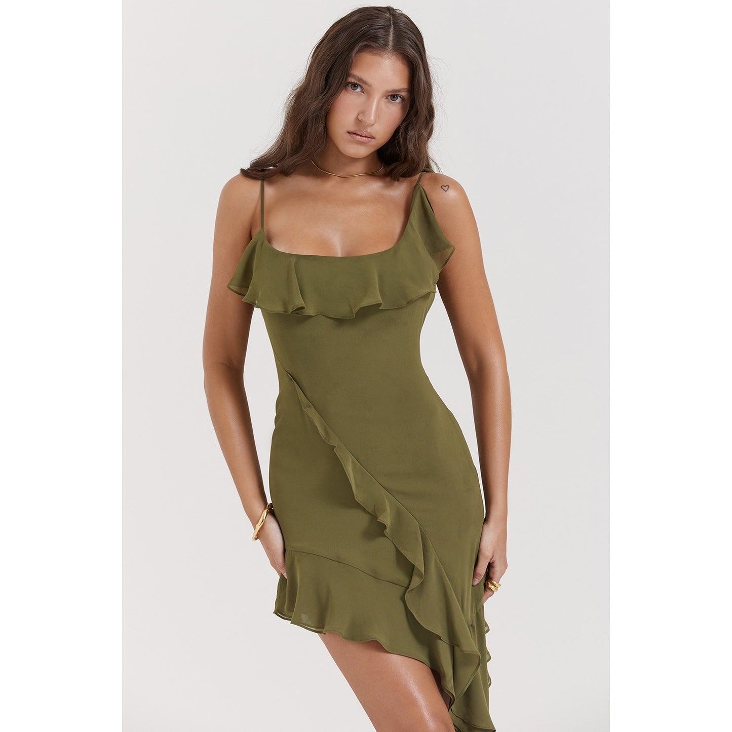 House of CB Marcia olive ruffle mini dress
