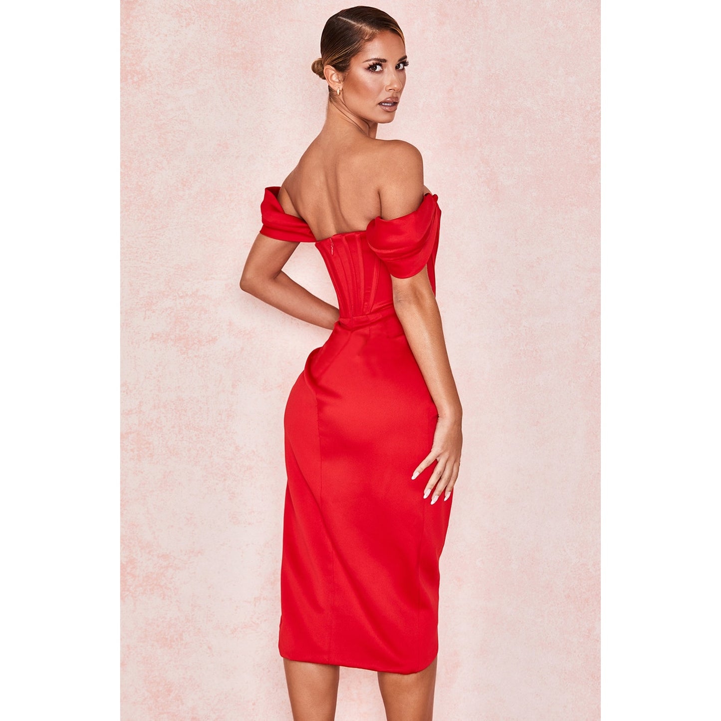 House of CB Loretta Red Satin Off Shoulder Dress