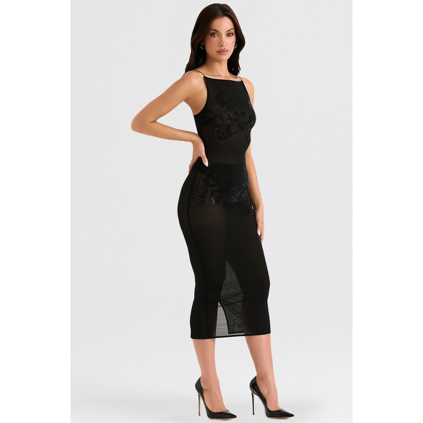 House of CB Amirah black mesh crystal embellished midi dress