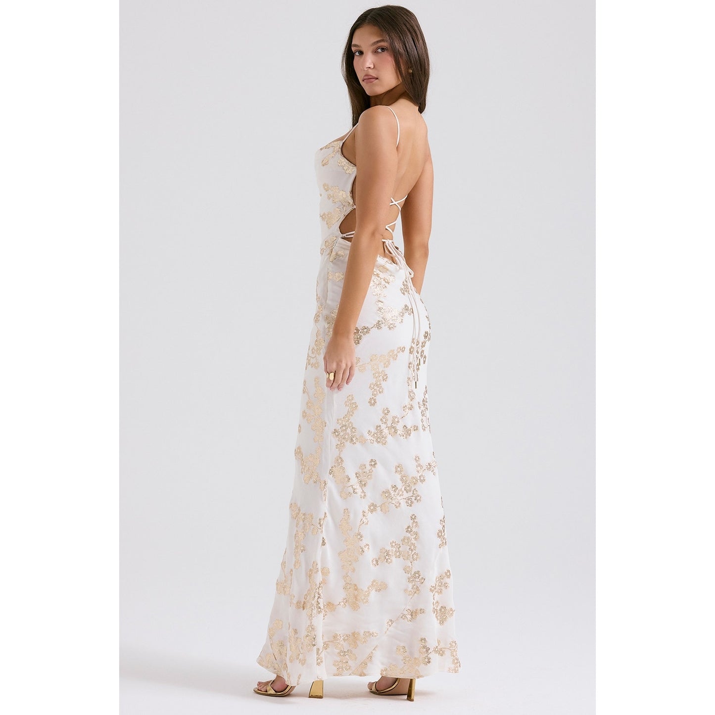 House of CB Capriana white & gold jacquard satin gown