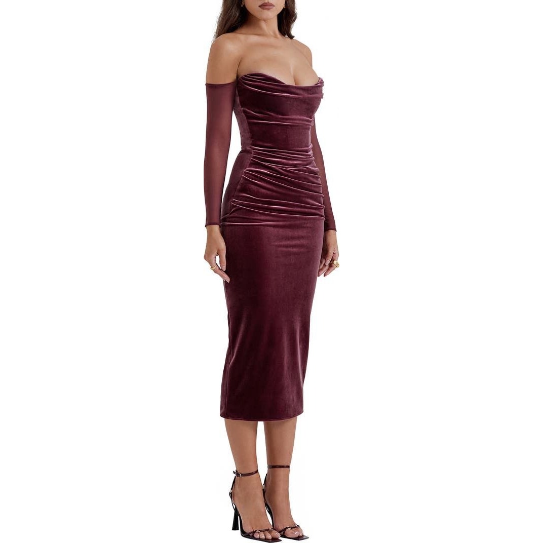 House of CB Cleora Off the Shoulder Long Sleeve Stretch Velvet Maxi Dress