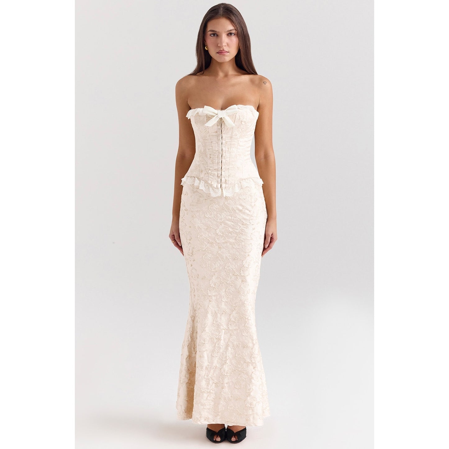 House of CB Mara ivory metallic jacquard maxi skirt