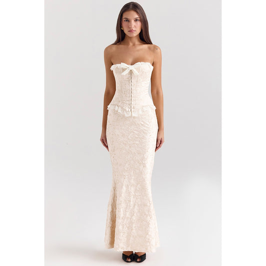 House of CB Mara ivory metallic jacquard maxi skirt