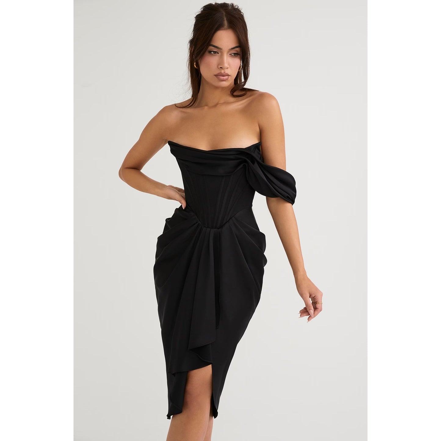 Janis black satin corset midi dress - NWOT
