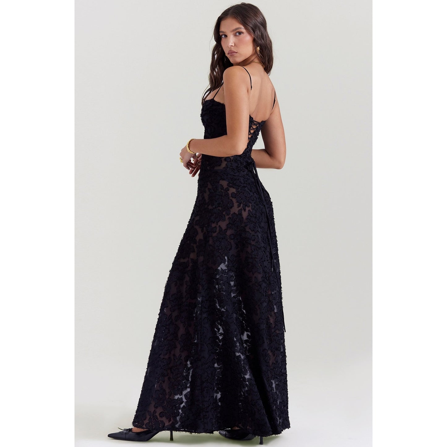 House of CB Seren black floral lace back maxi dress