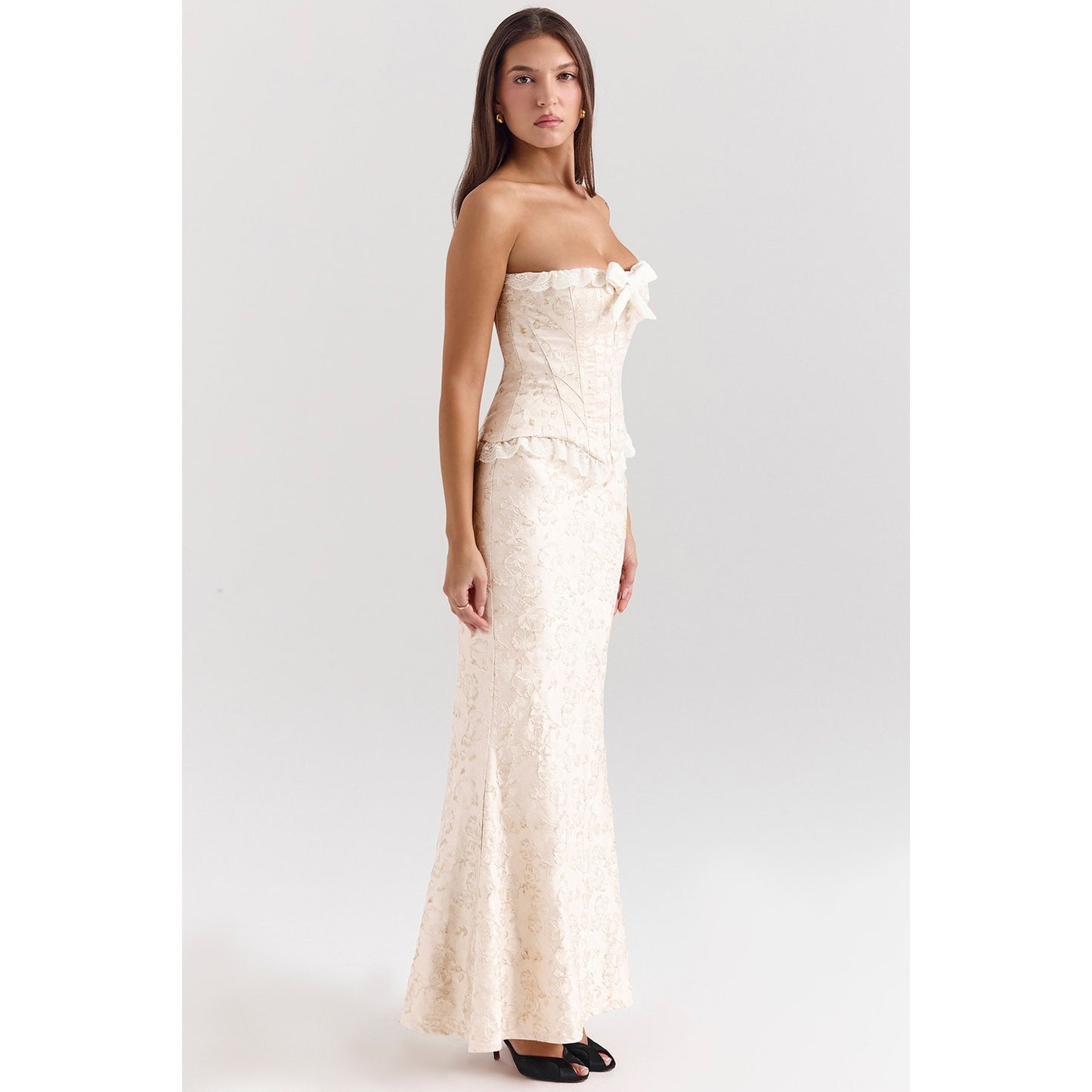 House of CB Mara ivory metallic jacquard maxi skirt