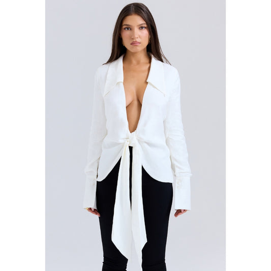 House of CB Hope White Draped Tie Front Shirt