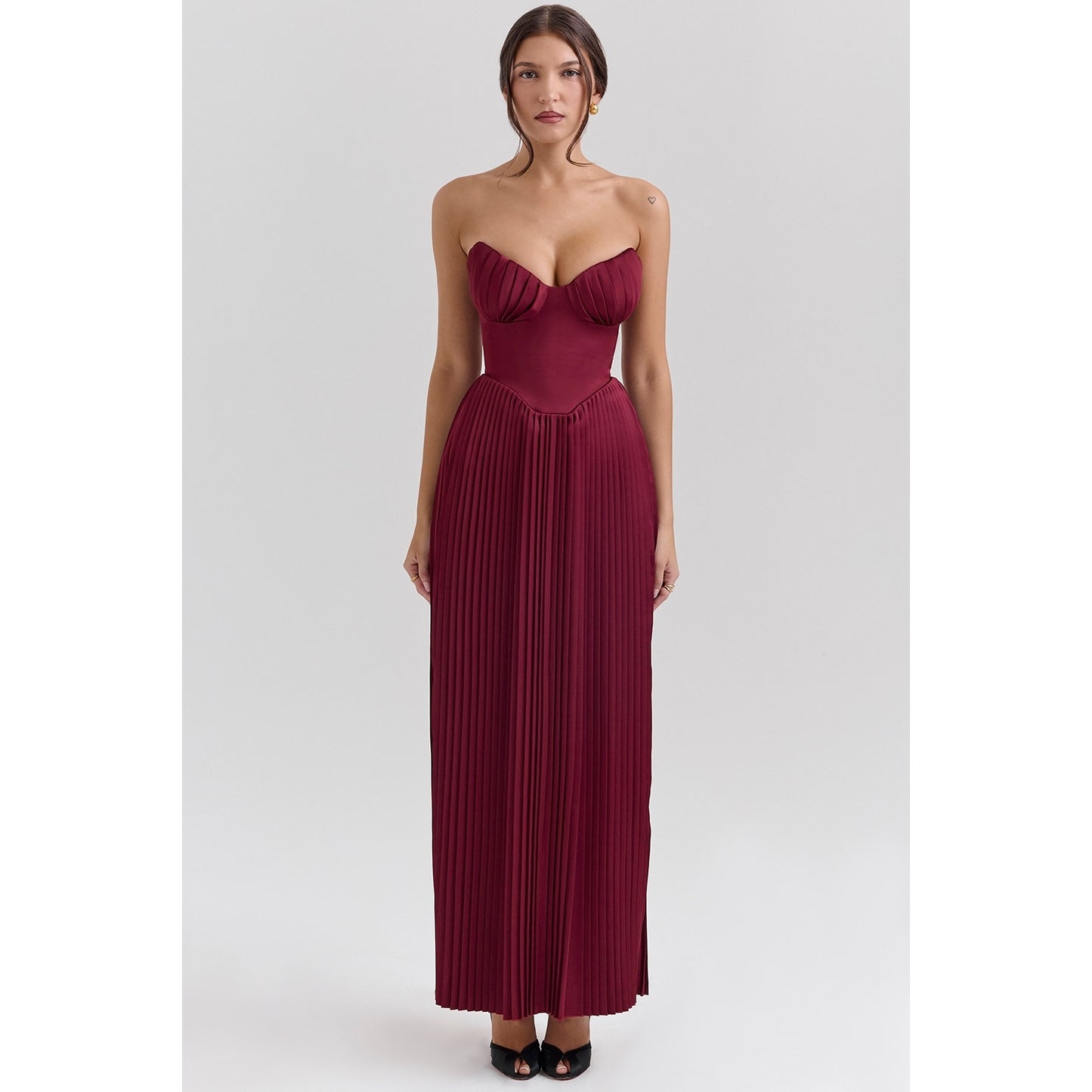 Marcella berry pleated georgette maxi dress