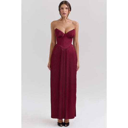 Marcella berry pleated georgette maxi dress