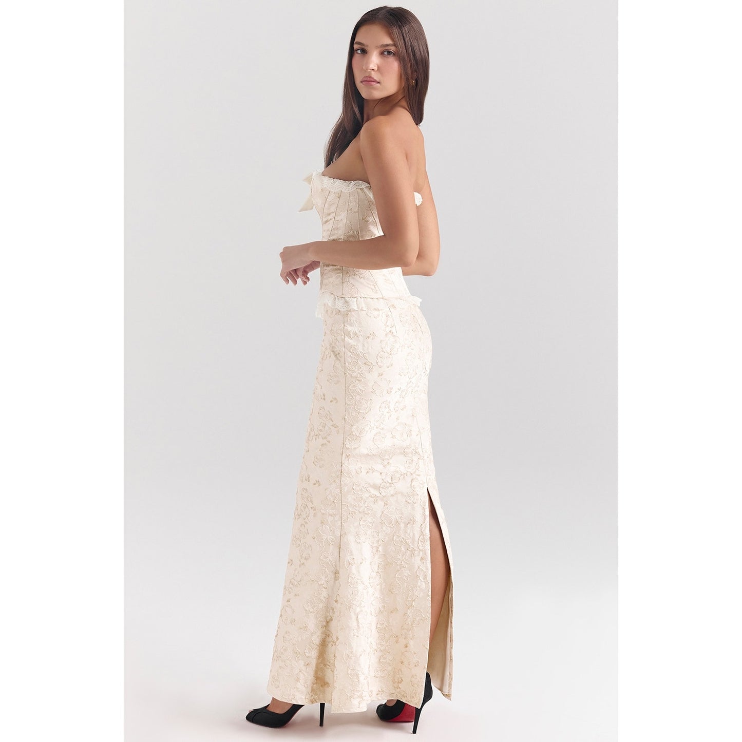 House of CB Mara ivory metallic jacquard maxi skirt