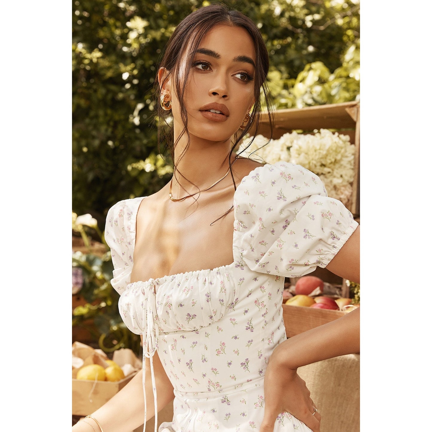 House of CB Tallulah white floral puff sleeve midi dress