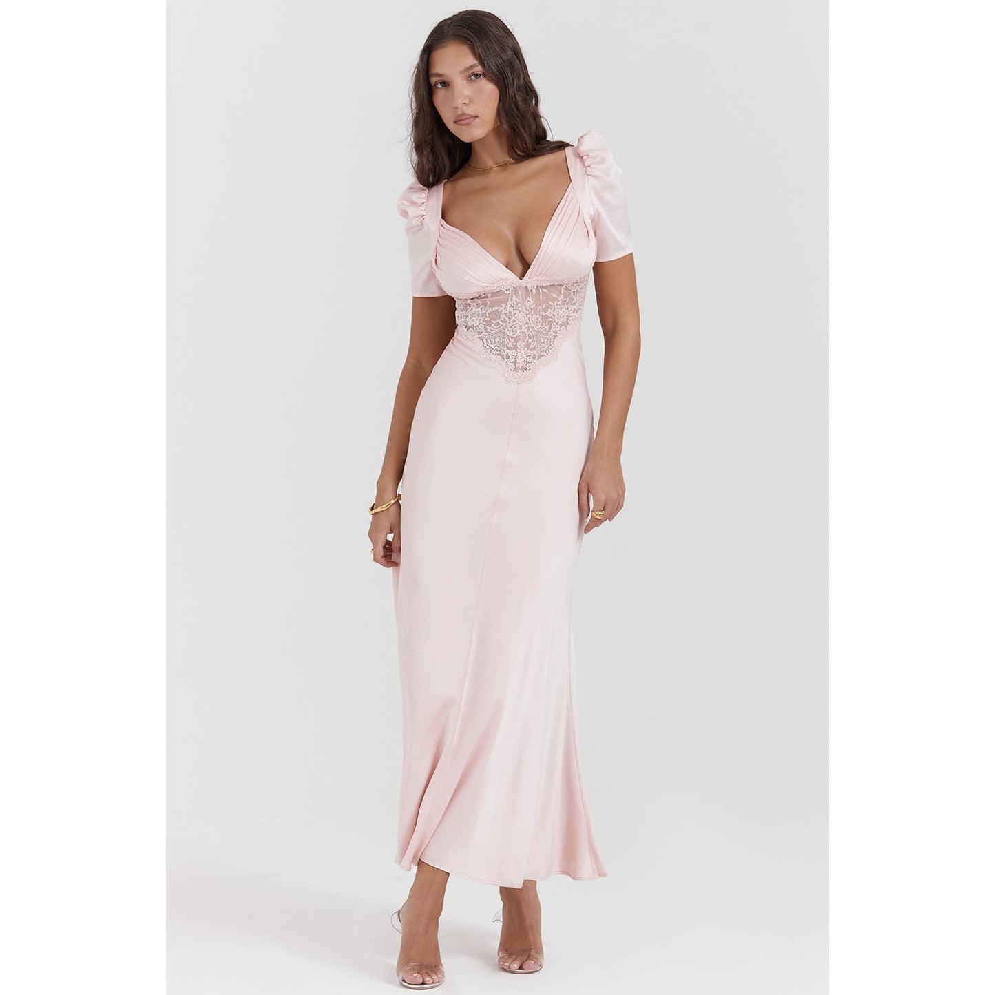 House of CB Rafaela soft peach pure silk & lace dress