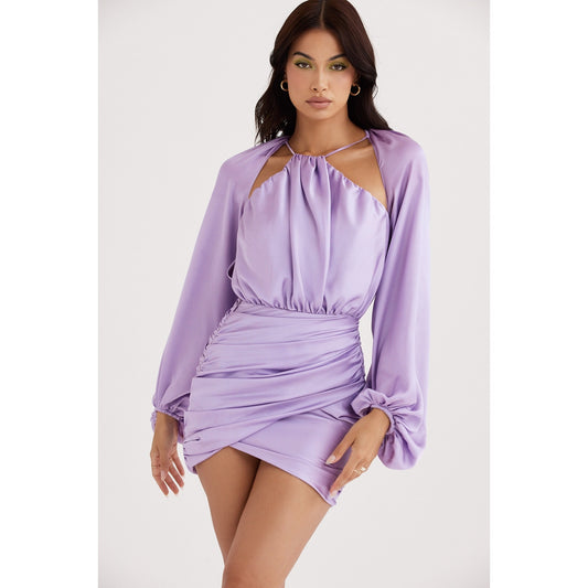 House of CB Kate Orchid Satin Wrap Front Mini Dress