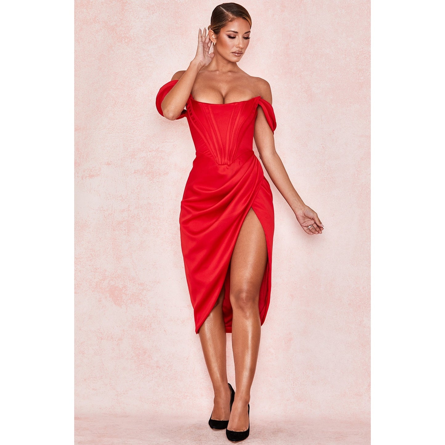 House of CB Loretta Red Satin Off Shoulder Dress