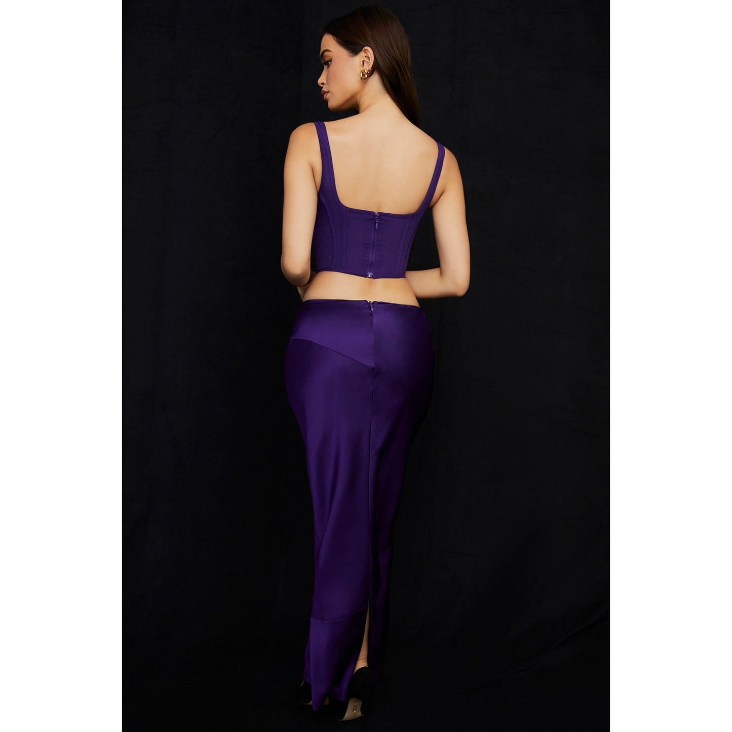 House of CB Colette grape satin low waist midi skirt
