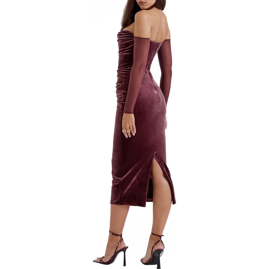 House of CB Cleora Off the Shoulder Long Sleeve Stretch Velvet Maxi Dress