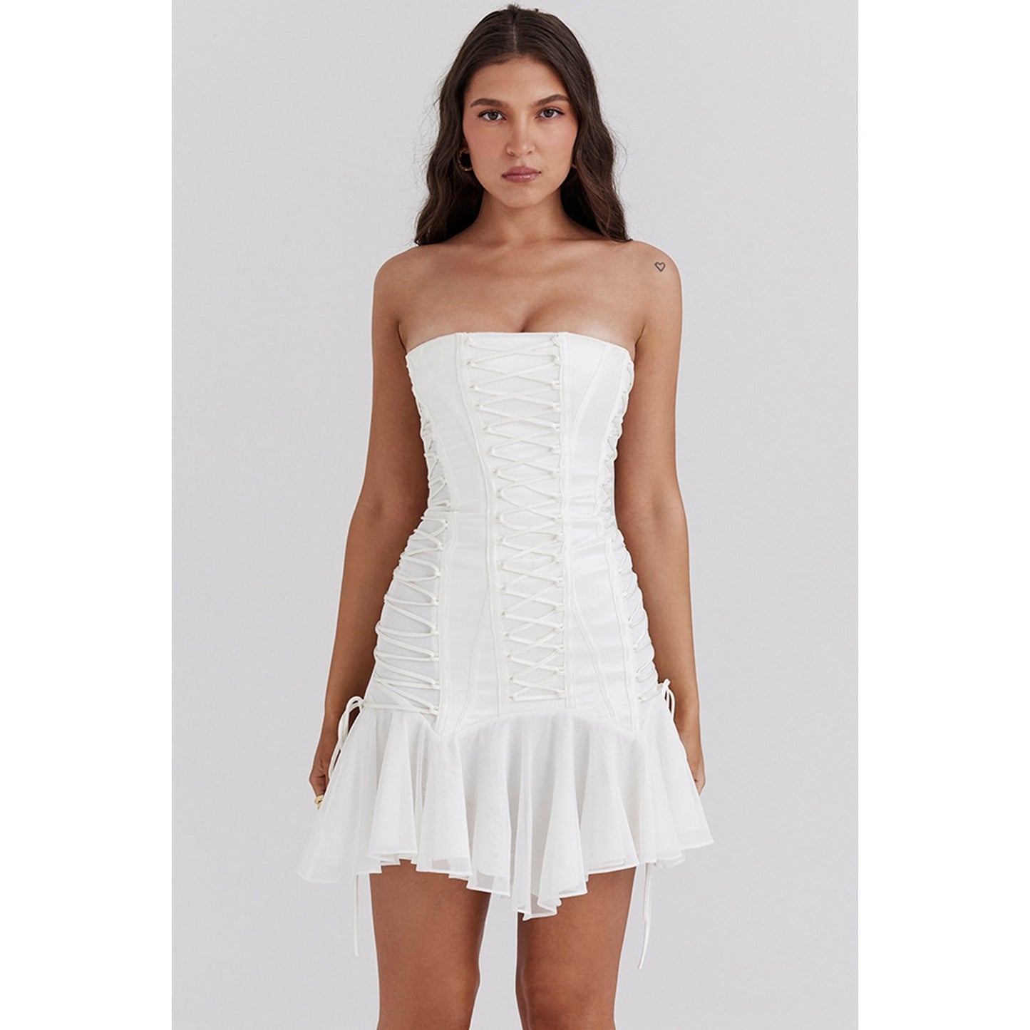House of CB Sirena white strapless lace up mini dress