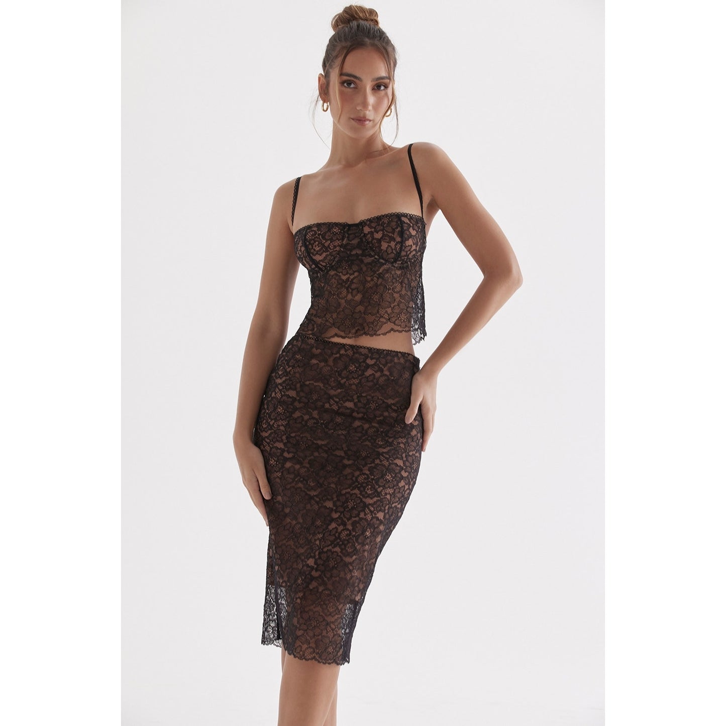 House of CB Yolanda Black Lace Midi Skirt
