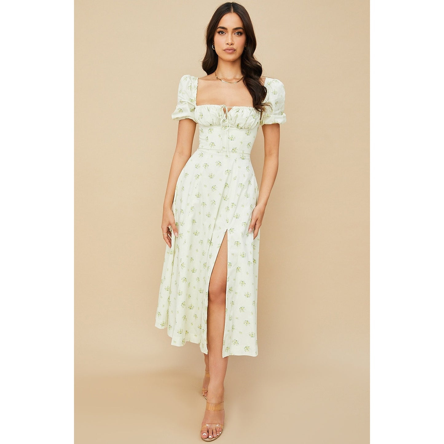 House of CB Tallulah Ivory Floral Puff Sleeve Midi Dress