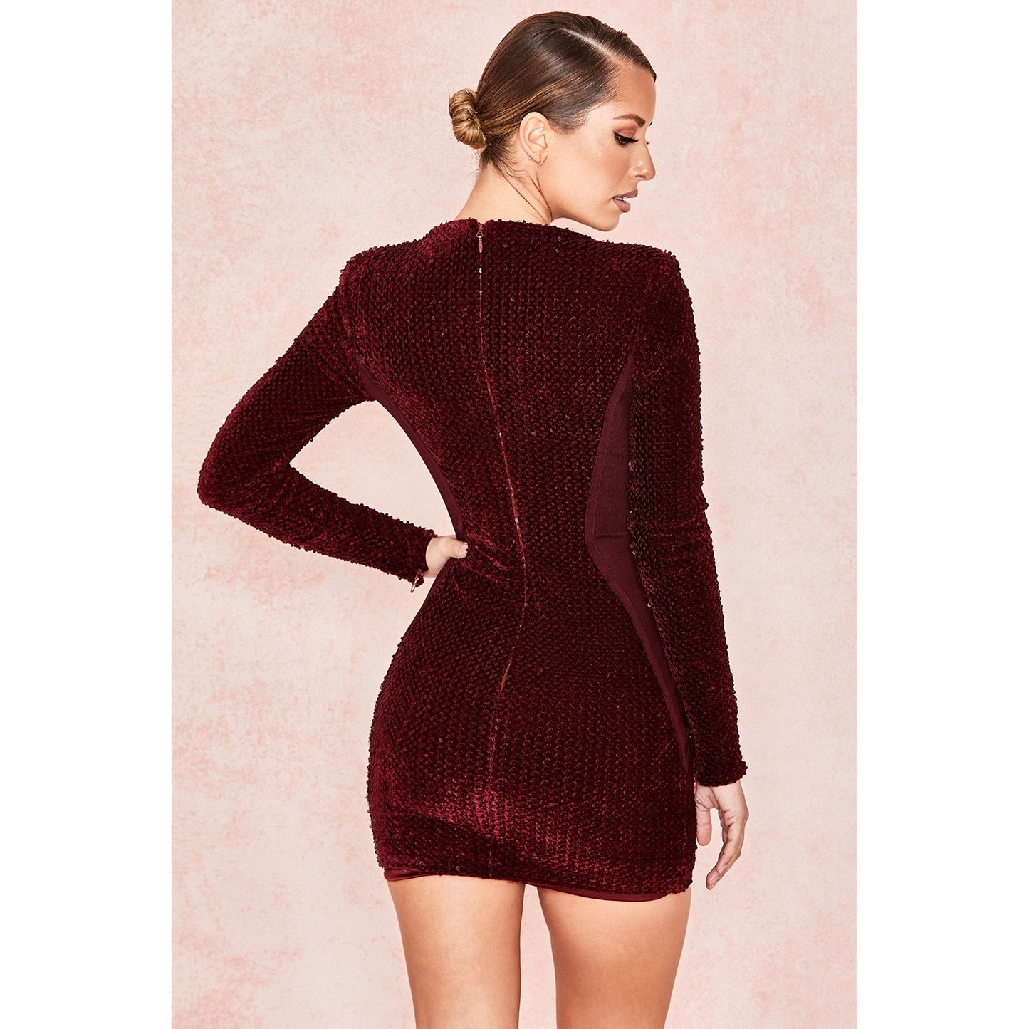House of CB Kae wine velvet sequin long sleeve dress