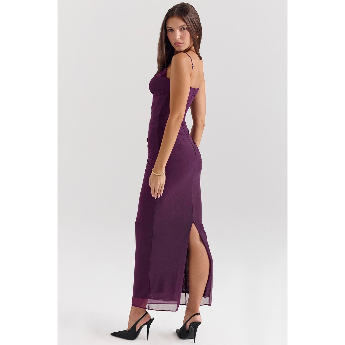 House of CB Nalini grape mesh corset maxi dress